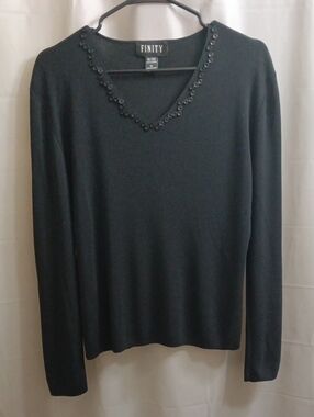 Finity Black V-Neck Sweater with Beaded Trim